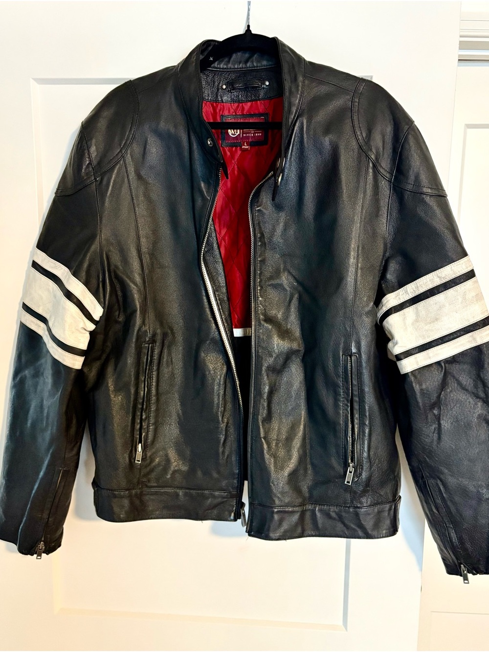 Wilsons Leather Black Bomber Jacket with White Sleeve Stripes. Men’s Size L